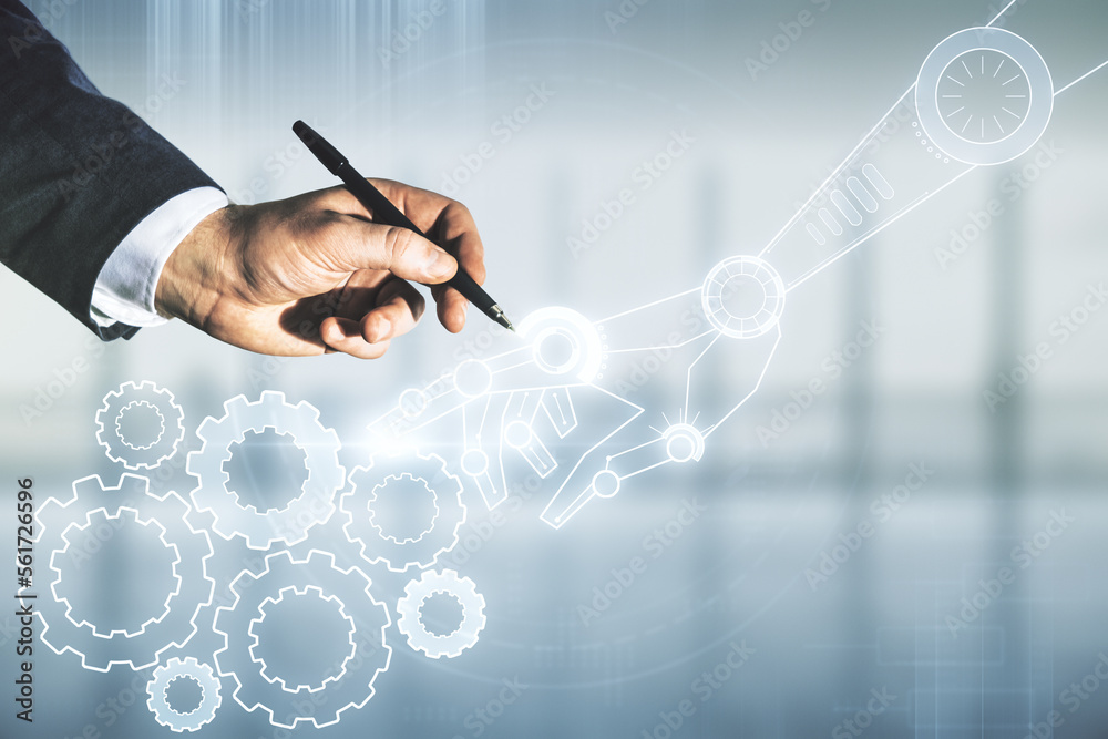 Aufkleber man hand with pen draws abstract virtual robotics technology hologram on blurred office background, 