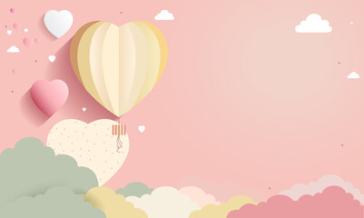 3D Render of Soft Color Paper Heart Shapes With Clouds And Copy Space.