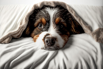 Cute dog lying on the bed under white blanket, ai generative illustration.
