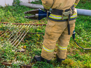 Hydraulic scissors for emergency rescue operations. Equipment for rescue operations. Manual...