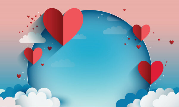 Red Paper Cut Hearts With Blue Round Shape, Clouds For Love Or Valentine Concept.
