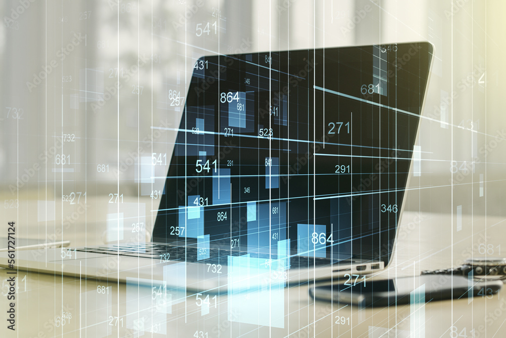 Poster multi exposure of abstract graphic data spreadsheet sketch on modern computer background, analytics 