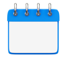 Blue calendar 3d icon date schedule isolated on png background with empty time reminder plan appointment agenda concept or white paper organizer planner calender and blank timetable meeting page.