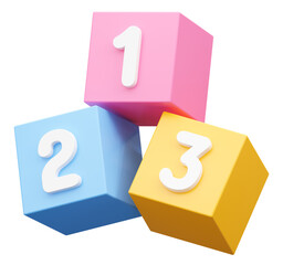 Preschool number 123 block 3d icon isolated on illustration png background of one two three education cube brick concept or school learn child play toy sign and kid math count box simple study symbol.
