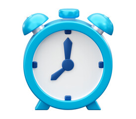 Blue minimal bell alarm clock 3d icon isolated on png background with awake morning timer watch reminder concept or blank classic analog round stopwatch and empty vintage ring alert hour deadline.