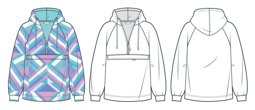Unisex Hoodie, Anorak fashion design. Set of Hoodie Sweatshirt fashion flat technical drawing template, geometric print, zip-up, front and back view, white, women, men CAD mockup.