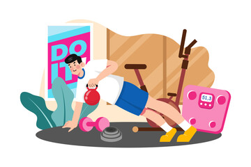 Man is doing kettlebell exercises at the gym.