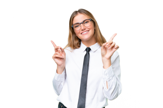 Young business caucasian woman over isolated background pointing finger to the laterals and happy