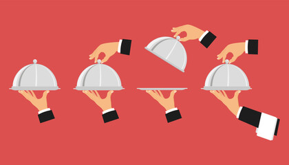 Hand with tray. Waiter hand holding tray, tray for serving food in the hand of a waiter in a restaurant.