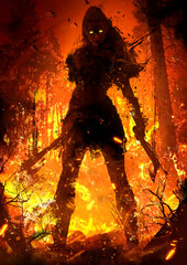 silhouette of a sinister Viking woman with two axes in her hands stands in an epic pose in the middle of burning forest, her eyes clearly glow in the dark of the night forest like a demon, 2d blot art