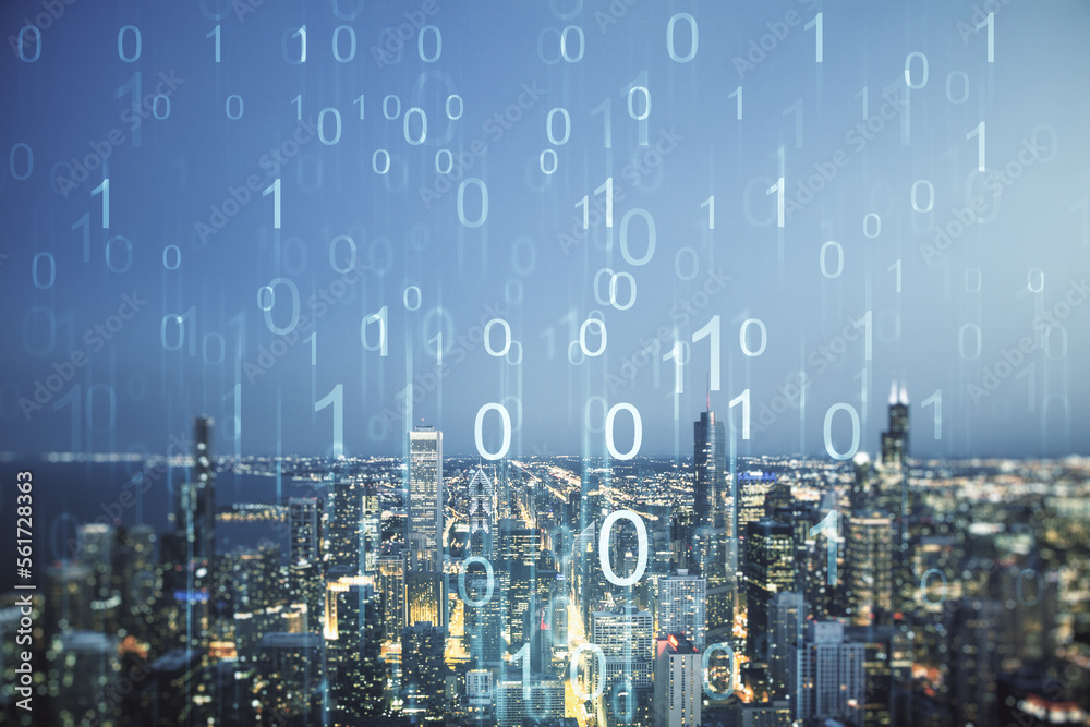 Aufkleber Abstract virtual binary code illustration on Chicago skyline background. Big data and coding concept. Multiexposure