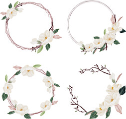 watercolor white magnolia flower and leaf bouquet clipart wreath  frame collection isolated on white background © Unchalee