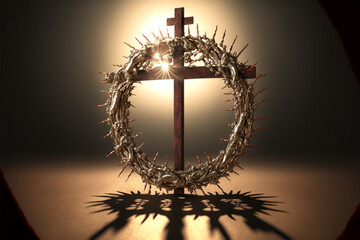 Empty cross of jesus and a crown of thorns hanging from the top of it, Generative AI
