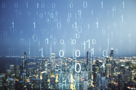 Abstract virtual binary code illustration on Chicago skyline background. Big data and coding concept. Multiexposure - Powered by Adobe