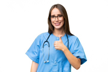 Young nurse caucasian woman over isolated background giving a thumbs up gesture