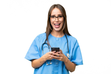 Young nurse caucasian woman over isolated background surprised and sending a message
