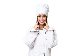 Young chef caucasian woman over isolated background smiling with a happy and pleasant expression