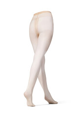 Detailed shot of beige tights with a color print imitating tattoo from above. The tattoo-effect pantyhose have a shape of walking women's legs. The clothes are isolated on a white background.