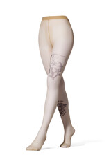 Detailed shot of beige tights with a color print imitating tattoo from above. The tattoo-effect pantyhose have a shape of walking women's legs. The clothes are isolated on a white background.