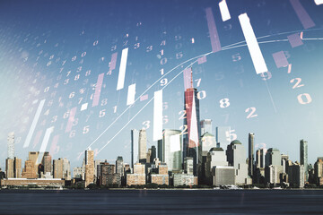Double exposure of abstract creative financial chart hologram on New York skyscrapers background, research and strategy concept