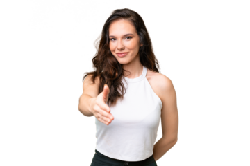 Young caucasian woman isolated over isolated background shaking hands for closing a good deal