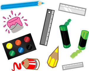 Art supplies. Paint, crayons, pencils, rulers, paint bucket. Back to school concept. Vector illustration of school supplies