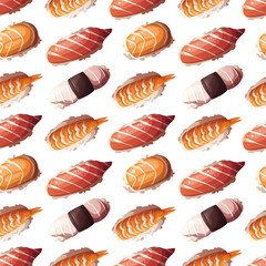 Seamless pattern with Variety of Sushi. Japanese food, healthy eating, cooking, menu, nutrition concept. Vector illustration. 