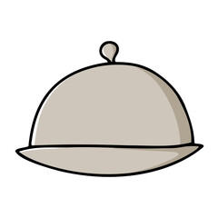Doodle hand-drawn plate with lid illustration. Color Food Cover Cloche Plate Platter with Domed Cover Serving Dish isolated on white background. Cozy kitchen, restaurant utensils. Vector stock symbol