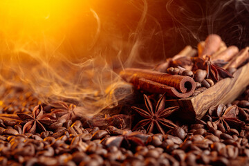 Steaming coffee beans with cinnamon sticks, anise, and nutmeg.
