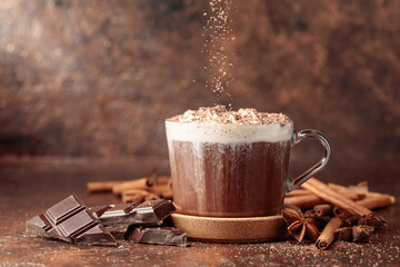 Hot chocolate with whipped cream sprinkled with chocolate crumbs.