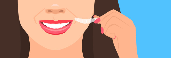 smiling woman hand holding ortodontic silicone invisible braces tooth correction vector illustration