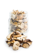 Various sliced dried mushrooms isolated on white background.