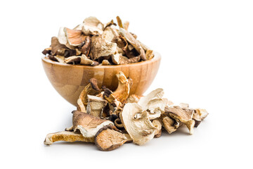 Various sliced dried mushrooms in bowl isolated on white background.