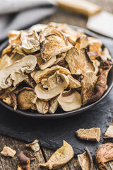 Various sliced dried mushrooms on plate.