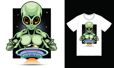 Alien catching ufo illustration with tshirt design premium vector