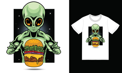 Alien eating burger illustration with tshirt design premium vector