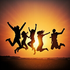 Fototapeta na wymiar Group of friends jumping at sunset in summer. Generative AI. 
