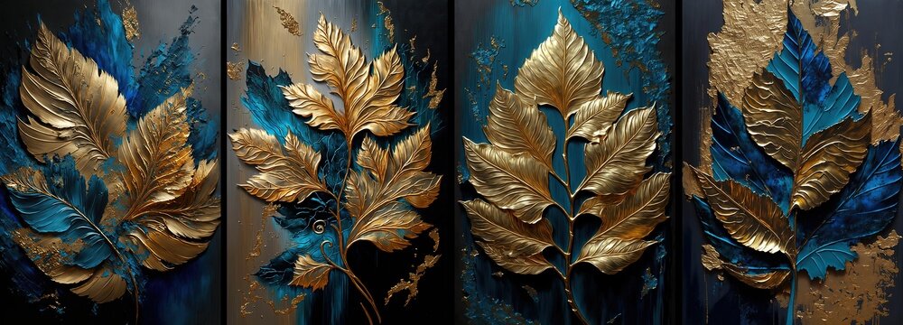 illustration of tropical golden leaf abstract background in collection set 4, blue  Generative Ai