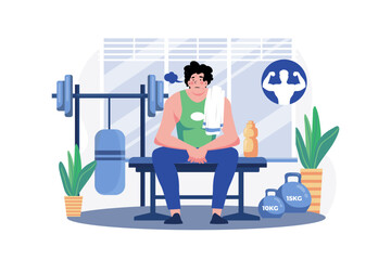 Strong man sit after a workout with pleasant tiredness