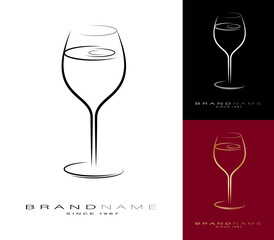 Symbol, emblem with elegant crystal wine glass on high thin leg with alcoholic drink. Brand name element for alcoholic drinks. Simple black and white vector isolated on white background