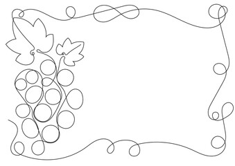 Rectangular A4 frame with bunch of grapes, leaves and tendrils for wine promo. One continuous line art. Advertising card. Simple flat vector