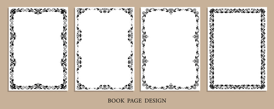 Set of rectangular frames with vines and leaves for decorative design of book pages, diplomas and certificates in A4 format. Minimalistic vector isolated on white background