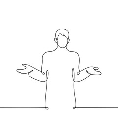 man throws up his hands - one line drawing vector. concept of confusion, ignorance