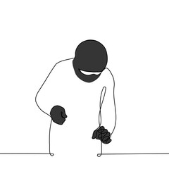 person in balaclava and black gloves sneaks up with outstretched hand to take something - one line drawing vector. thief in a robbery - obrazy, fototapety, plakaty