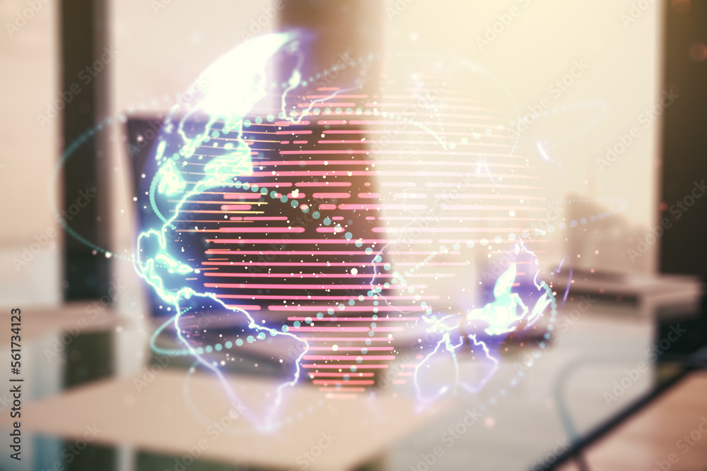 Poster double exposure of abstract digital world map with connections on computer background, big data and 