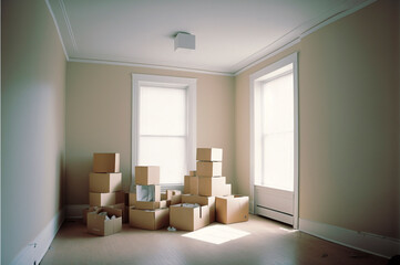 Cardboard boxes and household stuff indoors, space for text. Moving day. Created with Generative AI technology.
