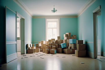 Carton boxes with stuff in room. Moving house concept. Created with Generative AI technology.