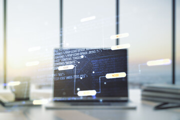 Double exposure of abstract creative programming illustration on computer background, big data and blockchain concept