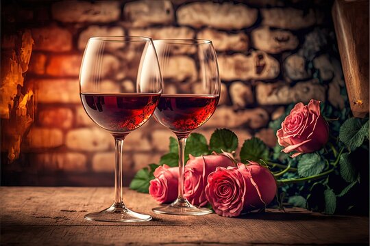 Two wine glasses of rose wine on brick background, bouquet of red roses for romantic evening for Valentines day surprise, marriage proposal passion and love celebration