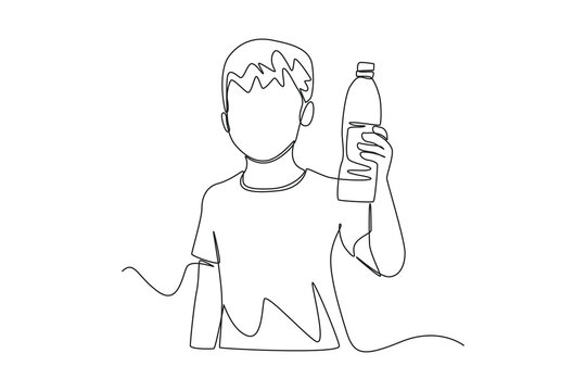 recommend clip art: Single one line drawing happy boy holding bottle of water. World water day Concept. Continuous line draw design graphic vector illustration.